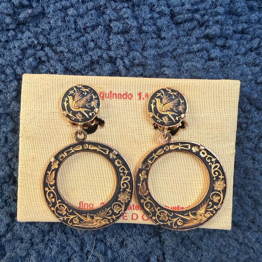 vintage Toledo Damascene earrings gold bird motif and floral designs